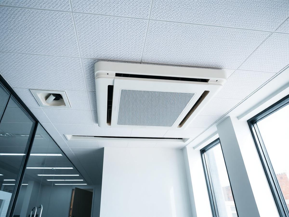 Ambiente comercial climatizado com aparelho cassete de teto instalado pela NexAir